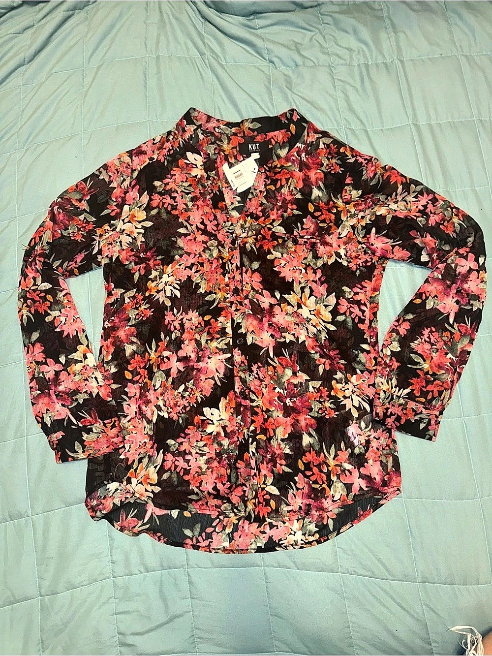 Kut from the Kloth Floral Blouse in Black & Pink Size Medium NWT